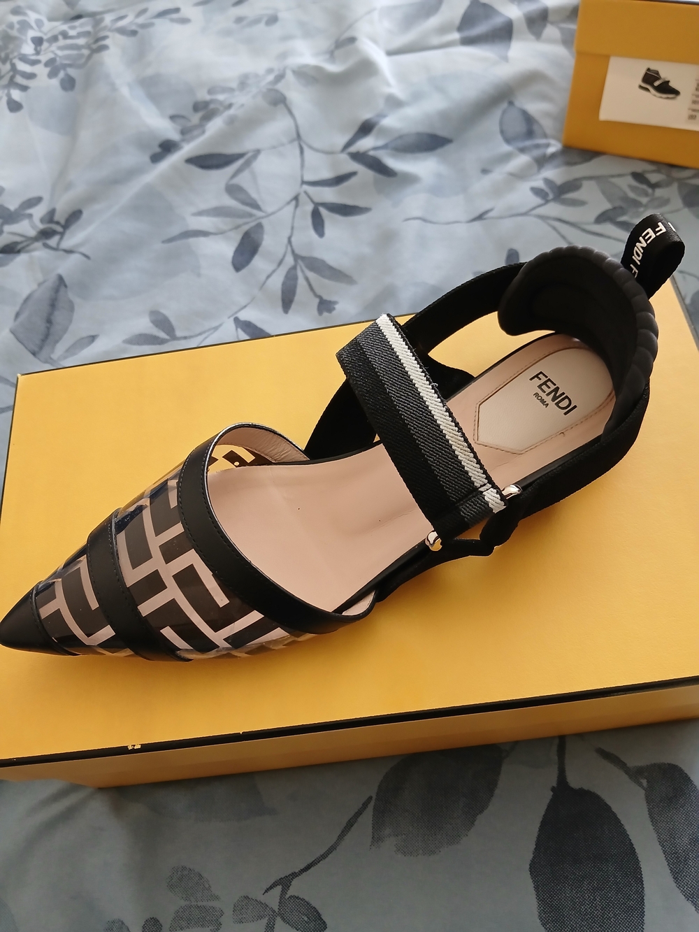 Fendi Black and Beige Pointed-Toe Slingback Flats